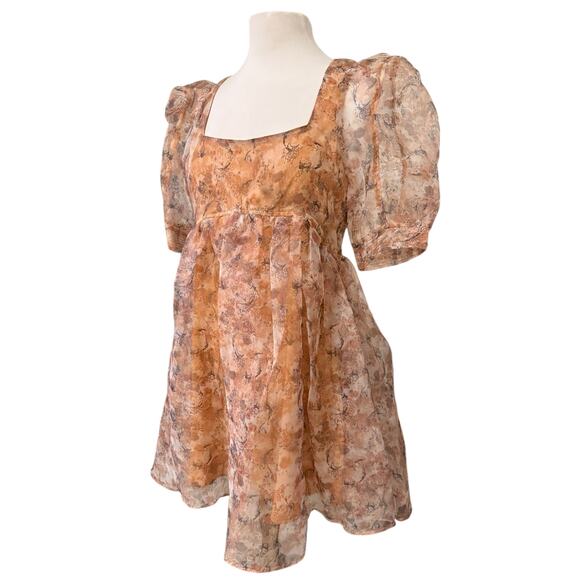 En Saison La Raque Mini Dress Marigold Multi Puff Sleeve Babydoll Size M - Picture 5 of 13